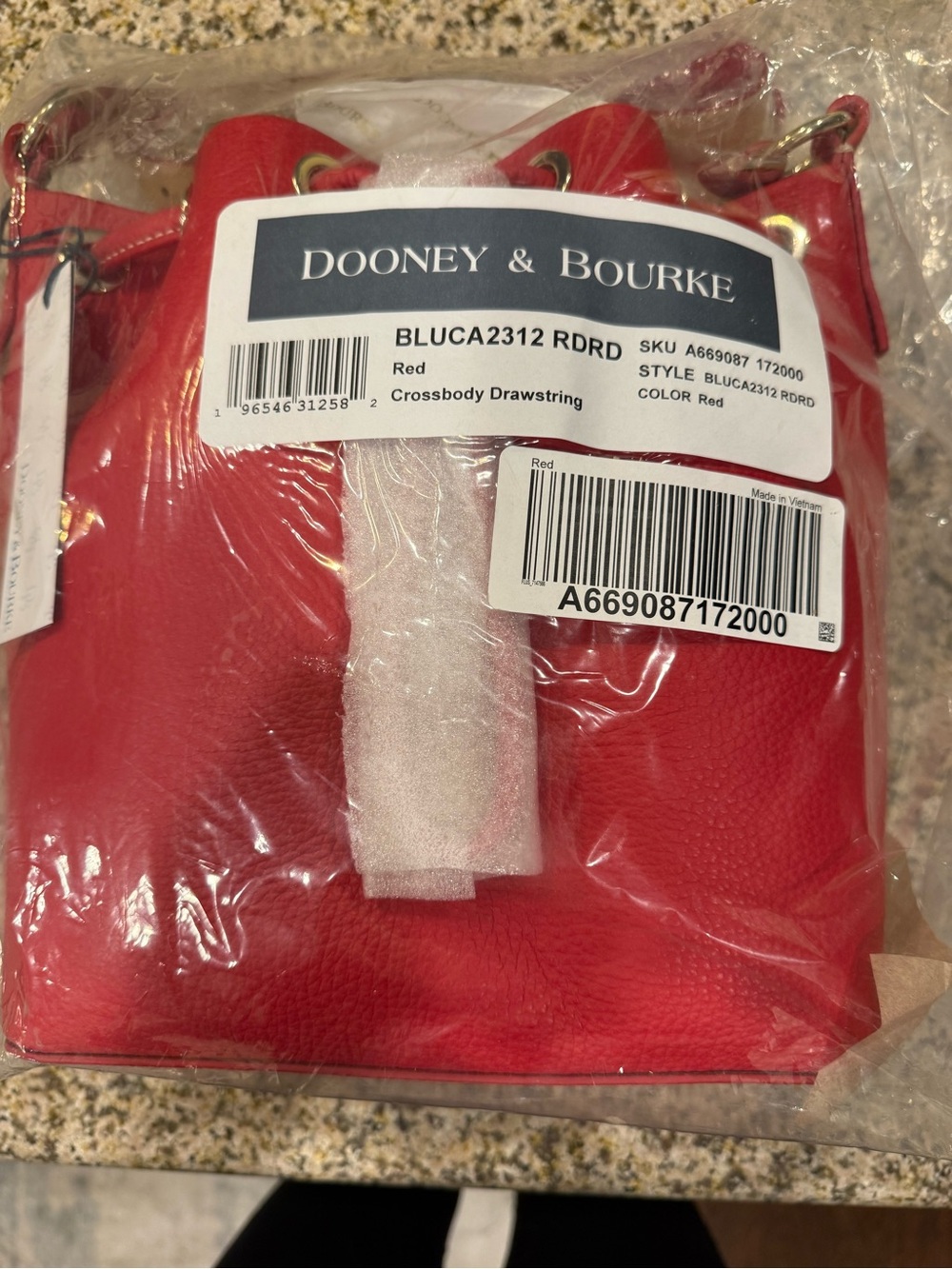 Dooney & Bourke Red Pebbled Leather Crossbody Drawstring Bag Brand New
